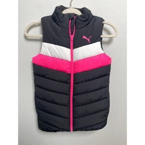 Puma Girls Puffer Vest Black Pink White Chevron Zip Sleeveless Jacket Size 7/8